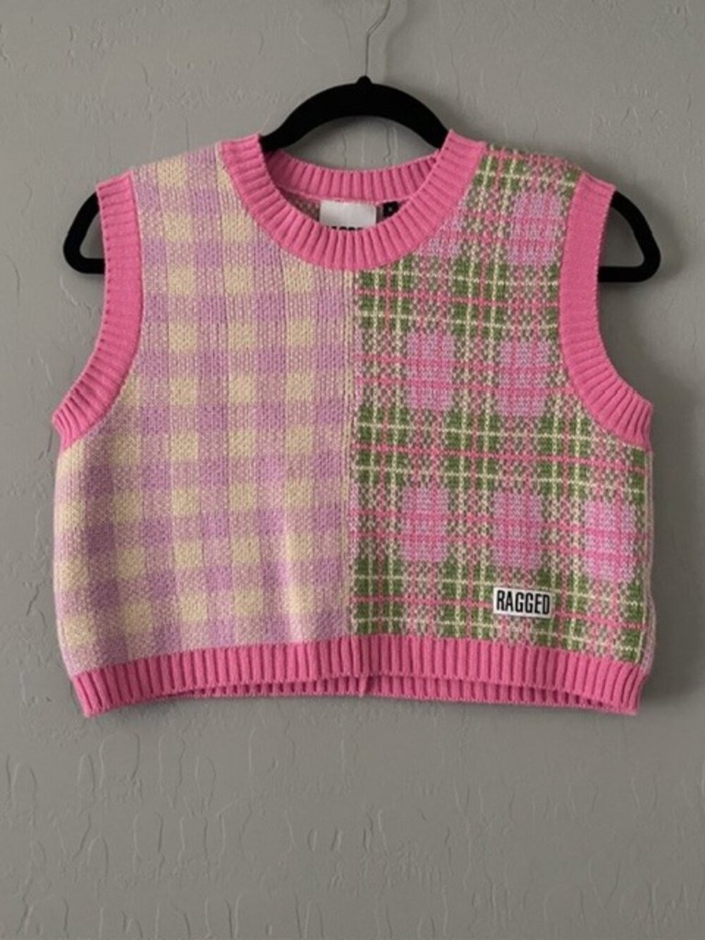 The Ragged Priest Jeans Split Colorblock Plaid Gingham Knit Sweater Vest S